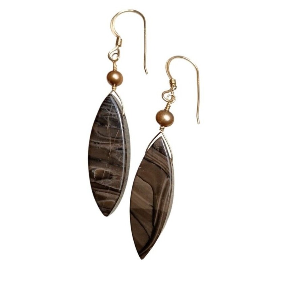 Chocolate Swirl Picture Jasper Pearl Earrings 14k Gold Filled GF